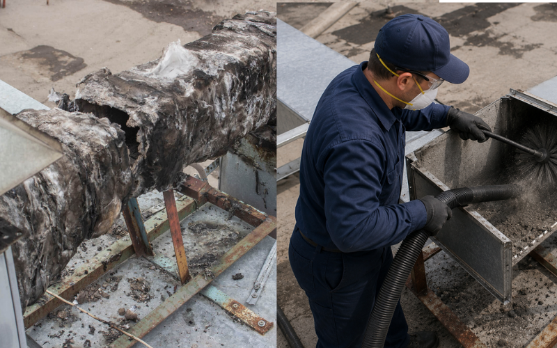 Left: Severely damaged and dirty ventilation duct. Right: Worker in blue uniform providing Restoration Services by cleaning inside a ventilation duct with a brush and vacuum.