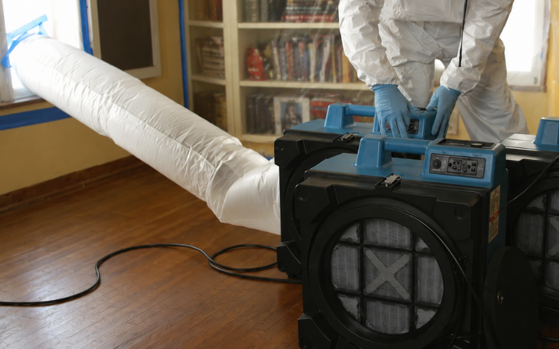 A person in a protective suit operates air filtration equipment with a vent hose in a room with wooden floors and bookshelves, demonstrating the meticulous care provided by professional Restoration Services.