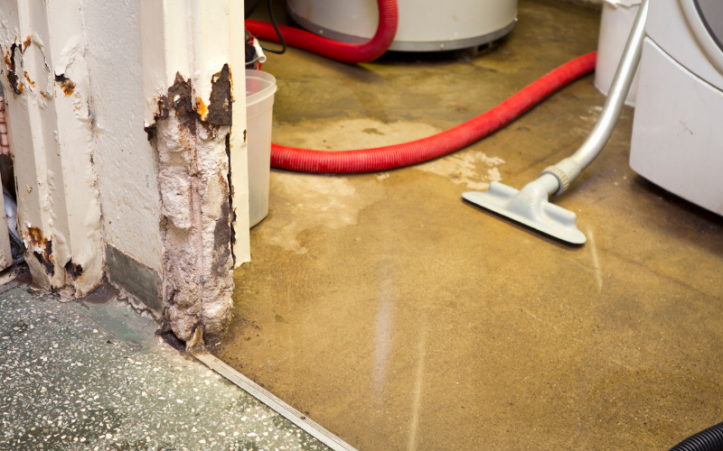 Water damage in a basement laundry room with rusted door frame, wet concrete floor, and cleaning equipment visible—ideal for showcasing the need for professional Restoration Services.