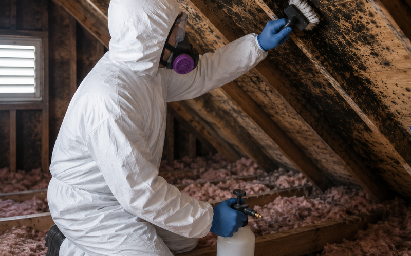 A person in protective gear uses a brush and spray bottle to clean mold from the wooden beams of an attic.