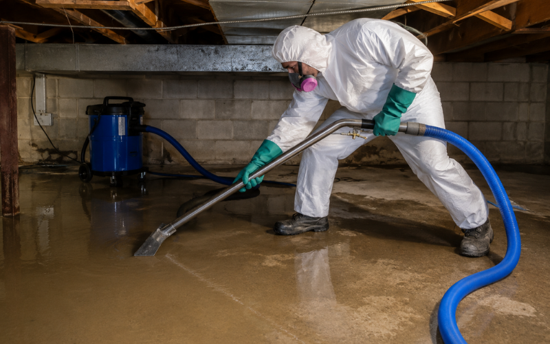 Person in protective suit and gloves uses a wet vacuum to clean water from a concrete basement floor, as part of professional property restoration services; vacuum and hoses are visible.