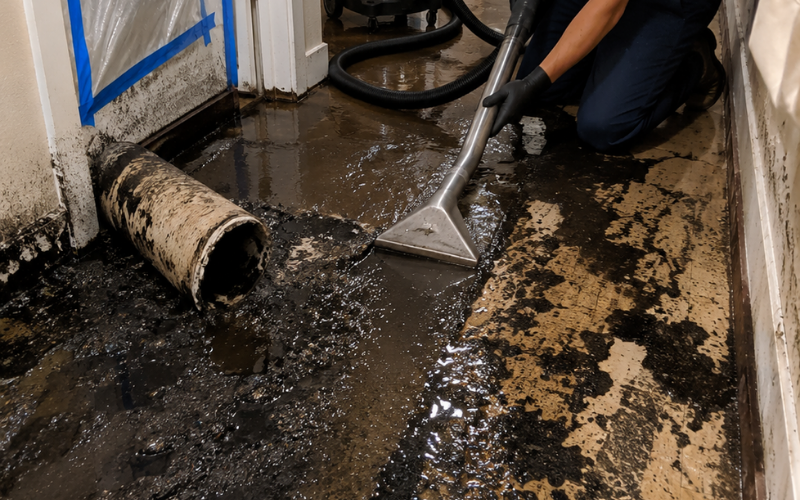 A person uses a vacuum to clean water and mud from a flooded floor, with a large dirty pipe and debris visible nearby—a scene that highlights the importance of professional Restoration Services in tackling serious water damage.