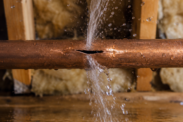 Close-up of a copper pipe with a visible crack, spraying water out forcefully, highlighting the urgency for Water Damage Repair, with insulation and wooden beams in the background.