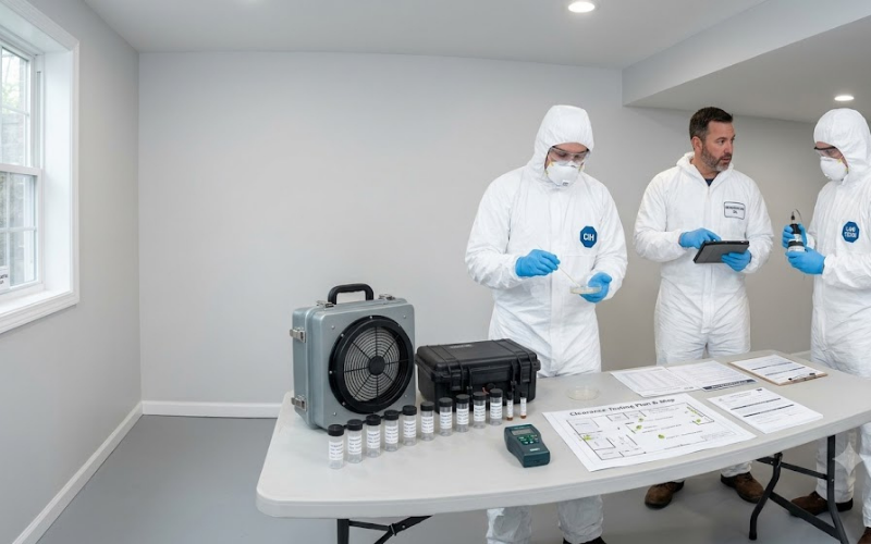 Three people in protective suits conduct a lab experiment in a sparse room, reminiscent of a property restoration environment, with scientific equipment and labeled sample vials arranged on a white table.