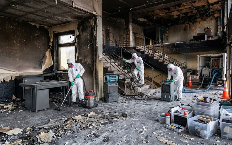 Three people in hazmat suits, restoration experts from a trusted restoration company, clean and assess a fire-damaged building interior, surrounded by debris, equipment, and burnt furniture.
