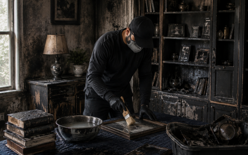 A person wearing a mask and gloves cleans a picture frame with a brush in a smoke-filled, soot-stained room, surrounded by fire-damaged books and furniture.