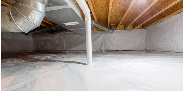 A clean, encapsulated crawl space with a white vapor barrier, exposed wood beams, ductwork, and a support column—expertly maintained through professional restoration services.