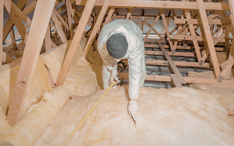 Person in protective clothing measures fiberglass insulation with a tape measure in a wooden attic, preparing for insulation removal.