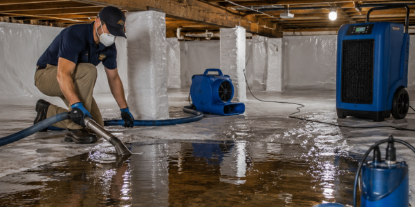 A worker in protective gear uses equipment to remove water from a flooded, plastic-lined basement with fans and a dehumidifier present, effectively addressing water damage.