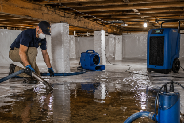 A worker in protective gear uses a vacuum to remove water from a flooded basement, surrounded by drying equipment and exposed wooden beams—a crucial step in the water damage restoration process.