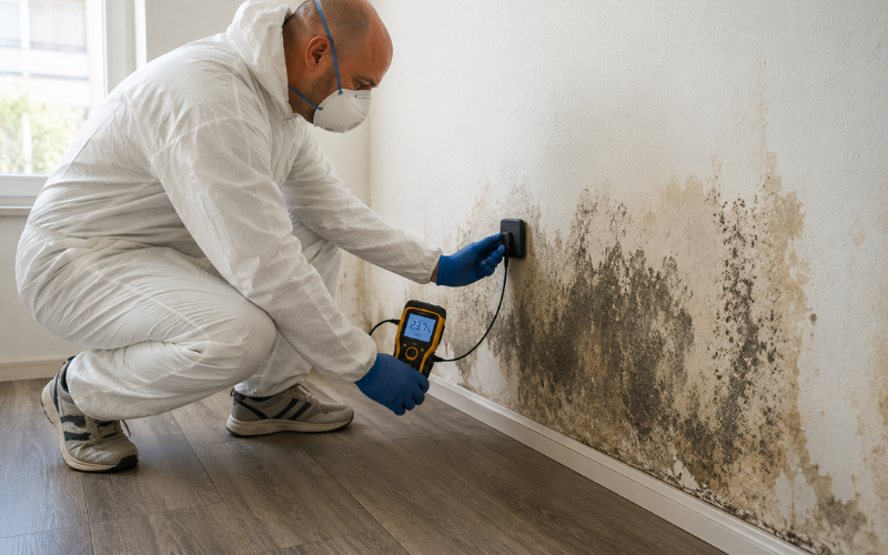 A person in protective gear uses a moisture meter on a wall with significant mold growth in a room with wooden flooring, demonstrating the meticulous process involved in professional restoration services.