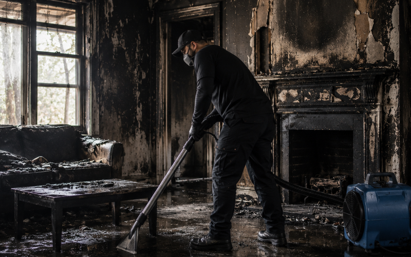 A person wearing protective gear uses cleaning equipment to remove debris and smoke residue from a heavily fire-damaged living room with charred walls and furniture.
