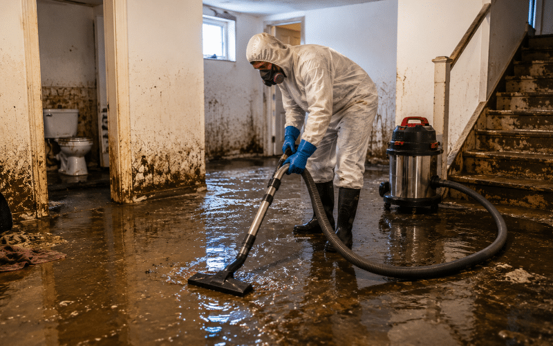A person in a protective suit and respirator uses a wet-dry vacuum for sewage backup cleanup in a flooded room.