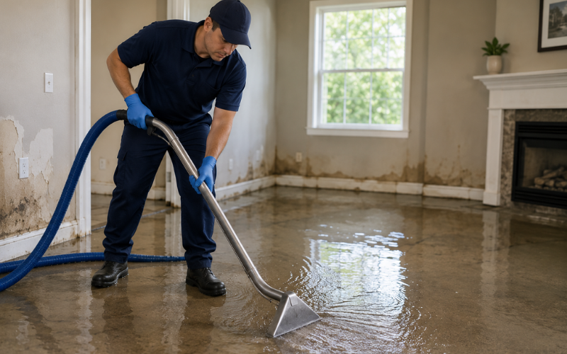 A worker in uniform uses equipment to extract water from a flooded room with a wet floor, near a window and fireplace, as part of the flood damage restoration process.