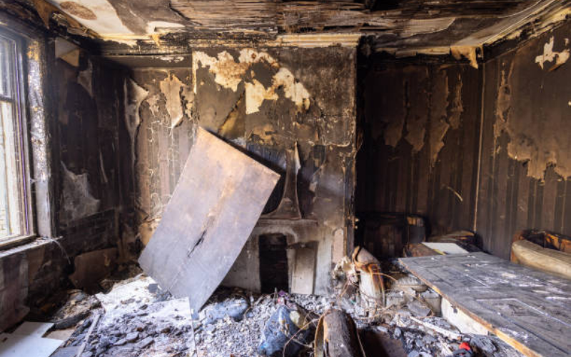 A room with burnt walls, a collapsed ceiling, debris on the floor, and damaged furniture, showing extensive fire damage in need of professional Restoration Services.