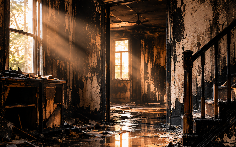 A sunlit, abandoned interior with charred walls, lingering smoke curling through the air, and debris on the floor; water reflects the light while signs of fire damage are visible throughout the room.