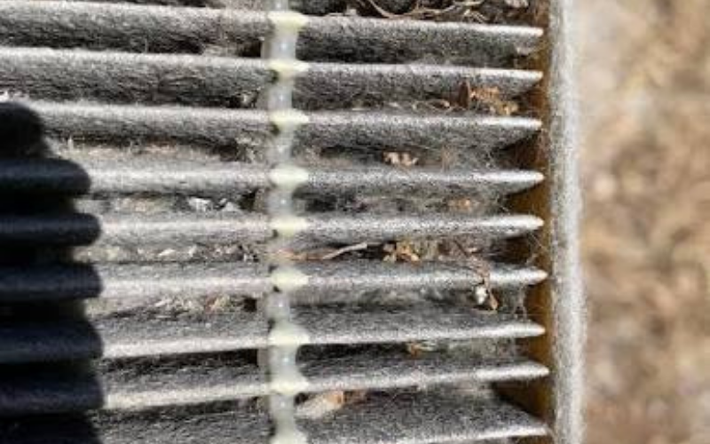Close-up of a dirty air filter with dust, debris, and a line of residue or glue running vertically along the surface—an issue often addressed by professional Restoration Services.
