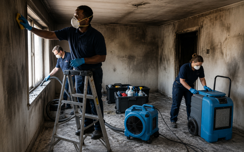 Three people wearing gloves and masks clean and restore a fire-damaged room using cleaning tools, fans, and specialized Restoration Services equipment.