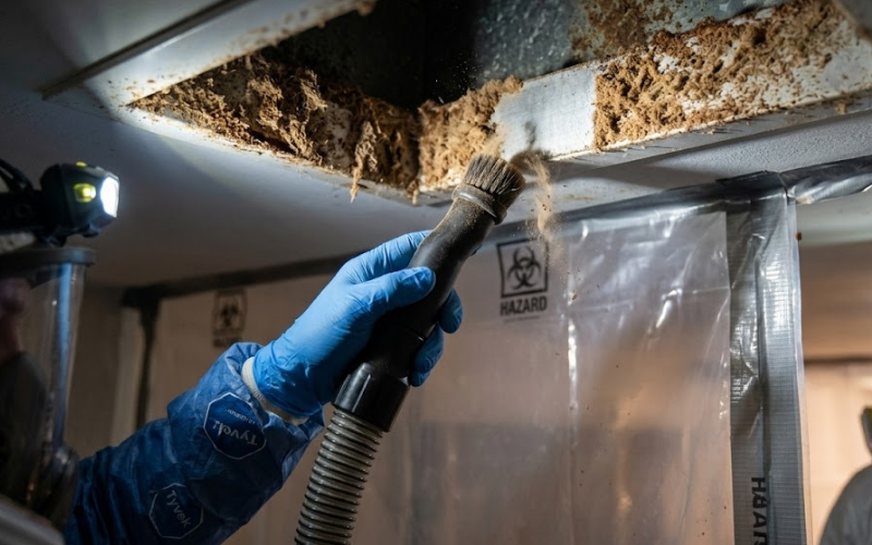 A person in protective gear uses a vacuum to clean debris and mold from an air duct in a building marked with a hazard sign, demonstrating the importance of professional restoration services.