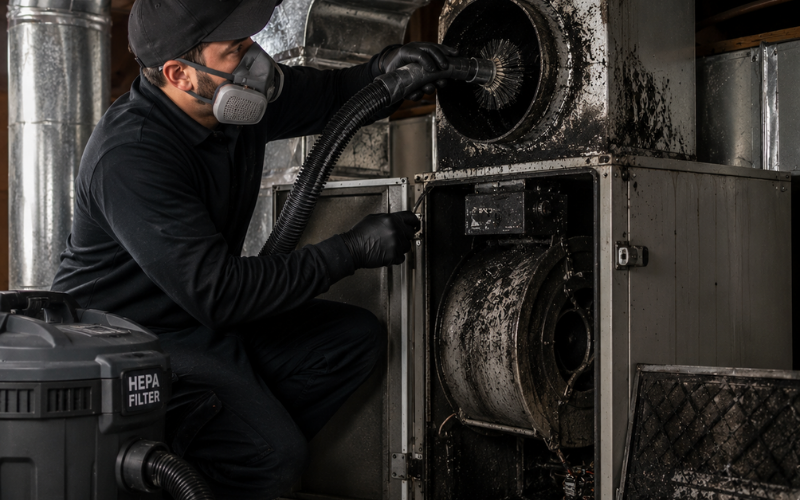 A worker wearing a mask and gloves uses a vacuum and brush to clean the interior of a large industrial ventilation system, removing smoke residue and reducing fire hazards.
