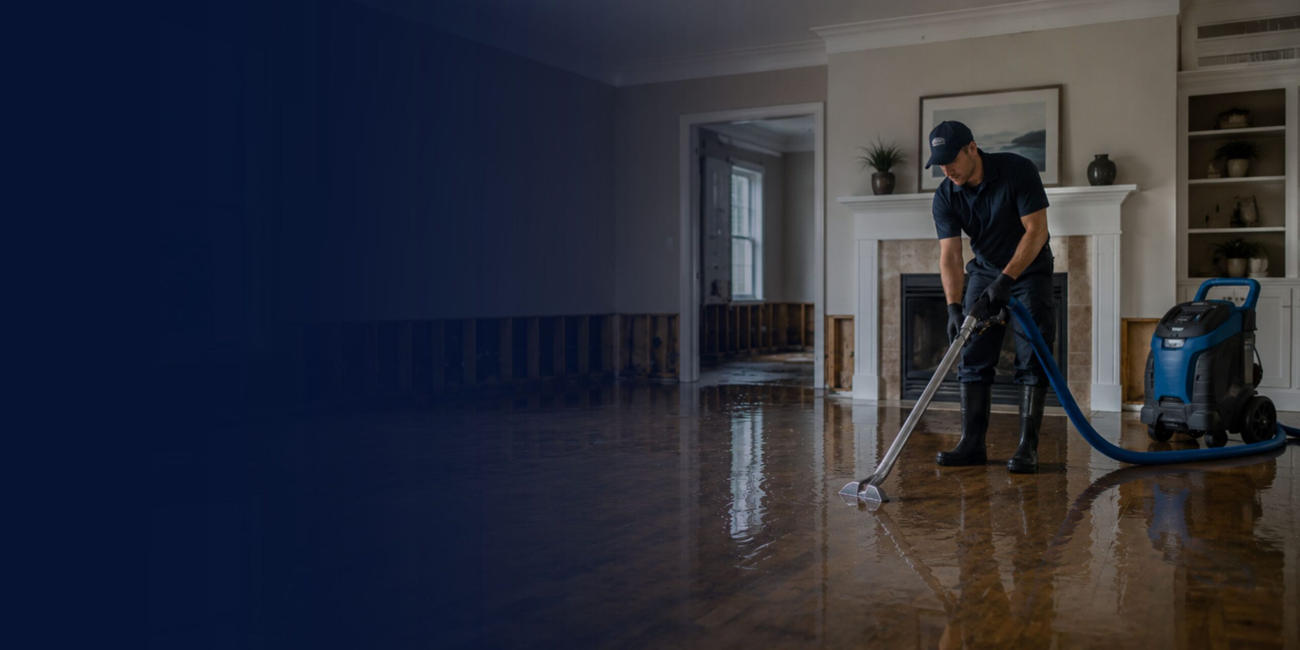 A worker in boots uses a cleaning machine to remove water from the floor of a flooded living room, beginning the essential flood damage restoration and cleanup after visible water damage.