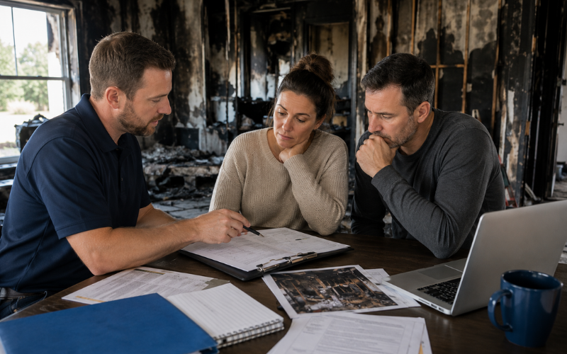 Three people sit at a table with documents and a laptop, discussing paperwork in a building with fire-damaged walls in the background, as they review options for restoration services.