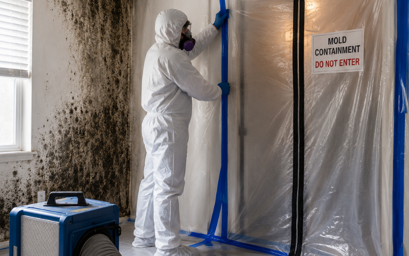 Person in protective suit seals a plastic barrier labeled "Mold Containment Do Not Enter" next to a wall with visible mold growth and a filtration device on the floor.