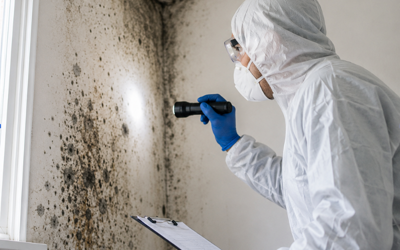 A person in protective gear inspects a mold-infested wall with a flashlight and clipboard in hand.
