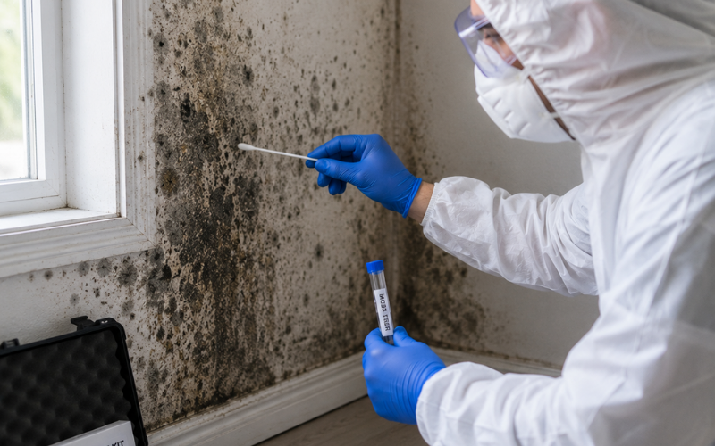 Person in protective gear collects a mold sample with a swab from a wall near a window, using a test tube for analysis as part of comprehensive Restoration Services.