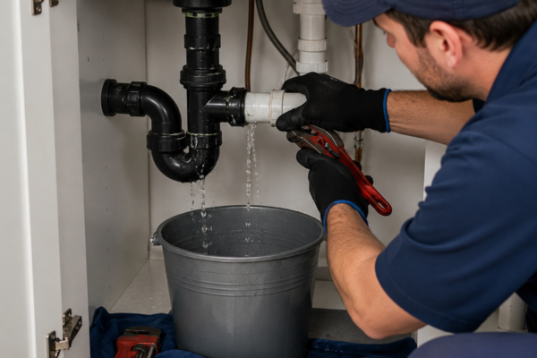 A plumber uses a wrench to fix a leaking pipe under a sink, with water dripping into a bucket placed below the pipes—an essential step in preventing further water damage before beginning full flood cleanup and water restoration.
