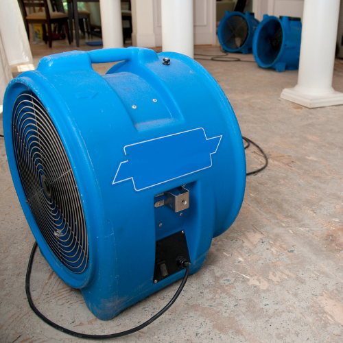 Large blue industrial fans are placed on a bare floor in a building, likely used for water damage restoration or ventilation purposes.
