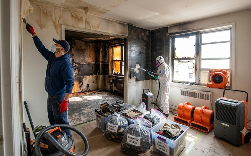 Two workers in protective gear clean a fire-damaged room, demonstrating expert Restoration Services. Bags of salvaged items, air movers, and cleaning equipment are visible throughout the space. The walls and ceiling are heavily stained by smoke.