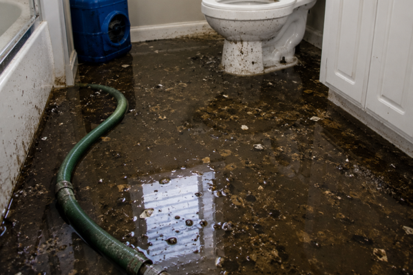 A bathroom with a dirty flooded floor, indicative of water damage, features a green hose, a white toilet, a blue fan, and cabinet doors.