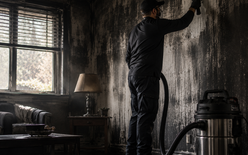 A person in protective gear cleans soot from a smoke-blackened wall in a fire-damaged room with a vacuum and cleaning tools.
