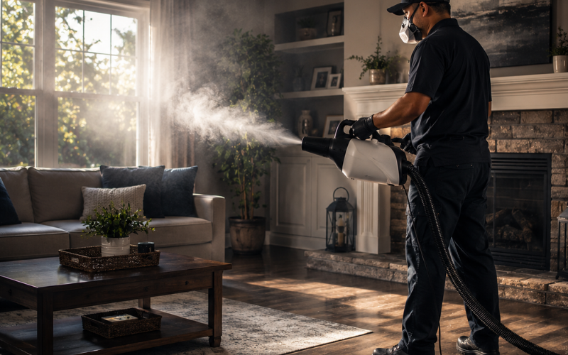 A person wearing gloves and a mask uses a fogging machine to disinfect a living room, as smoke-like mist drifts around a couch, coffee table, and fireplace in the background.