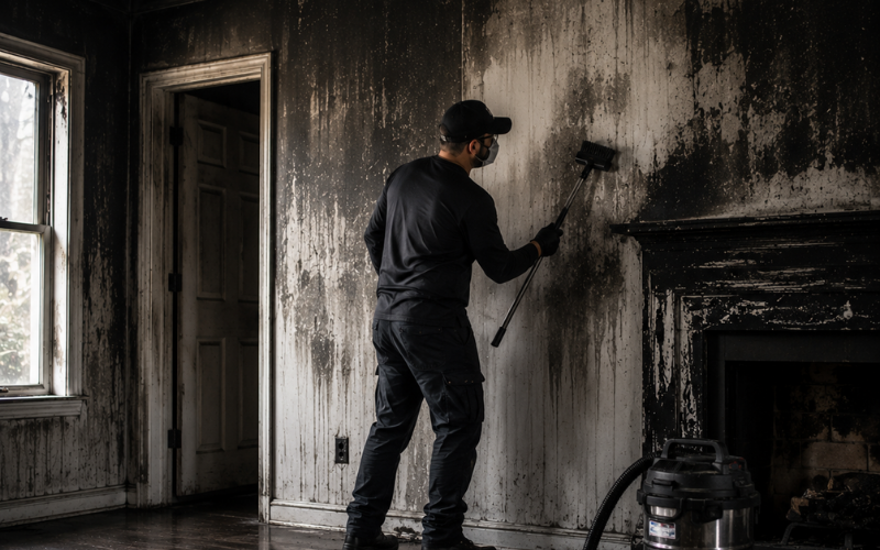 A person in protective gear uses a brush to clean smoke and soot from a fire-damaged wall in a room with charred surfaces, a fireplace, and a vacuum nearby.