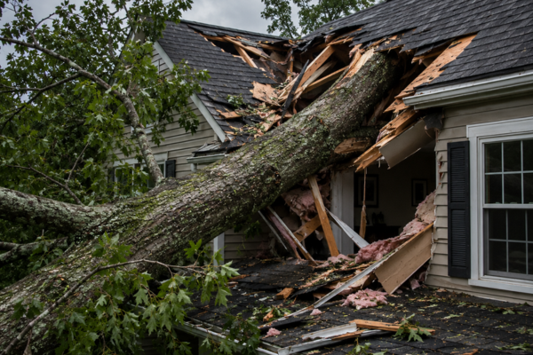 A large tree has fallen onto a house, causing significant damage to the roof and upper floor and resulting in water damage that may require professional water restoration services.