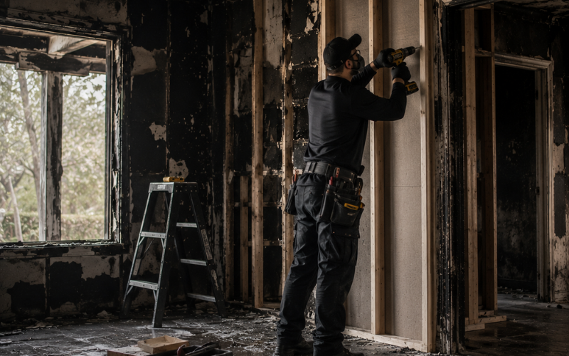 A worker in protective gear drills into a smoke-stained wooden frame inside a fire-damaged building; a step ladder is nearby.