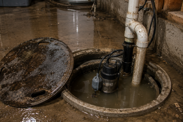 A sump pump installed in a wet basement pit with dirty standing water, surrounded by a wet concrete floor and a removed round cover—an essential component for effective water damage restoration.
