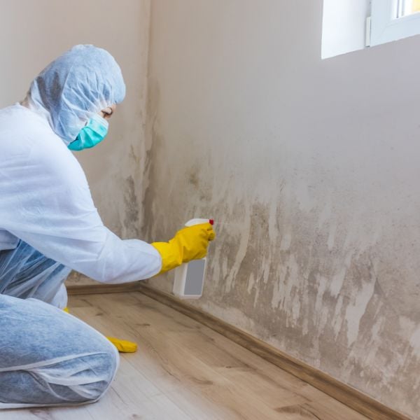 Person in protective gear sprays cleaner on a moldy wall in a room with light-colored flooring and a window.