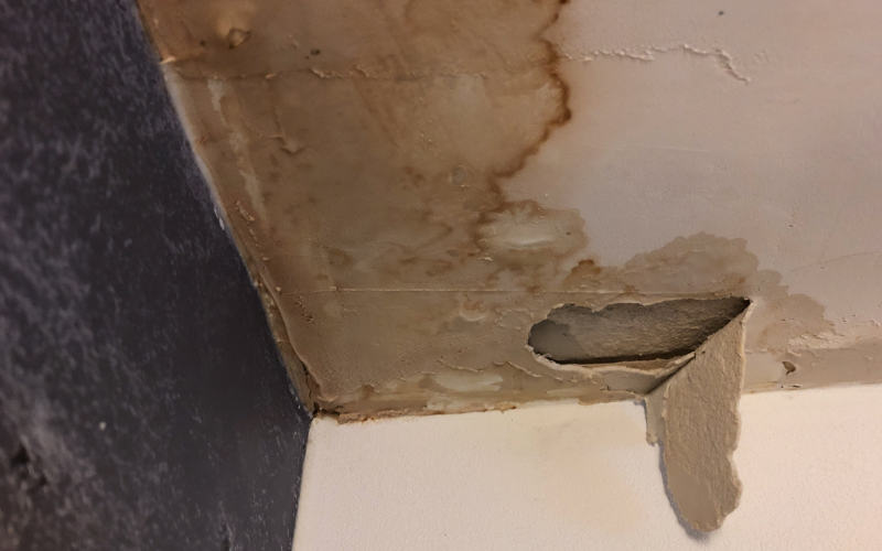 Ceiling with extensive water damage and peeling paint, showing brown stains and a large hole exposing damaged material underneath—ideal for professional Restoration Services to address structural repairs and restore your ceiling to its original condition.