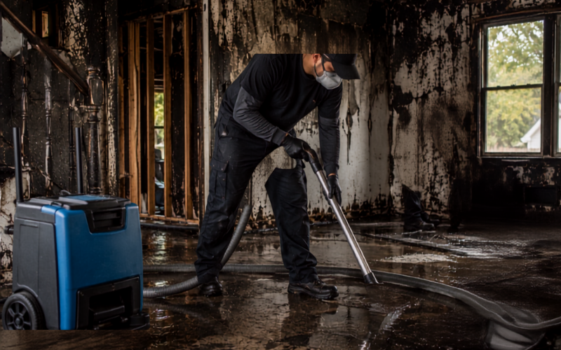 A person in protective gear uses a vacuum to clean a water- and fire-damaged room, with charred walls, smoke stains, and debris scattered across the floor.