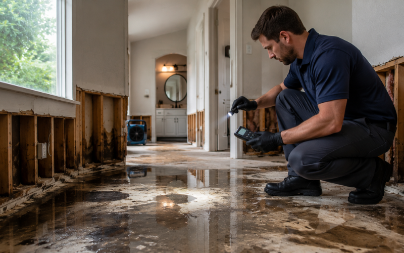 A man inspects water damage and mold inside a house, using a moisture meter on a wet, debris-covered floor with removed drywall along the walls as part of thorough flood damage restoration and cleanup efforts.