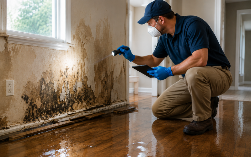 A man in gloves and a mask inspects severe mold and water damage on a wall with a flashlight in a residential room, highlighting the need for professional restoration services.
