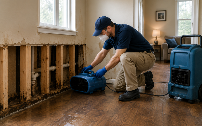A worker in gloves and a mask sets up a drying fan in a room with water-damaged walls and exposed pipes, demonstrating the thorough care provided by restoration experts.