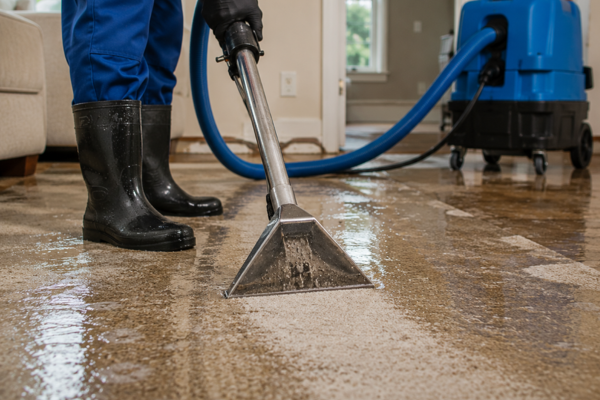 A person in boots uses a carpet cleaning machine to extract water from a soaked carpet in a residential room, performing essential water restoration after significant water damage.