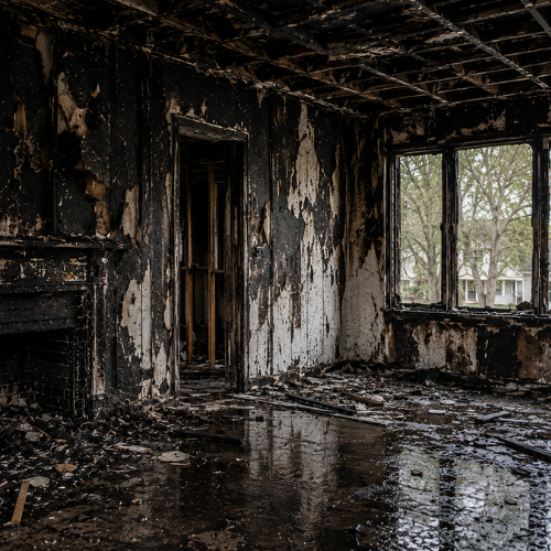 A severely fire-damaged room with blackened walls stained by smoke, debris on the floor, exposed ceiling beams, and windows showing trees outside.