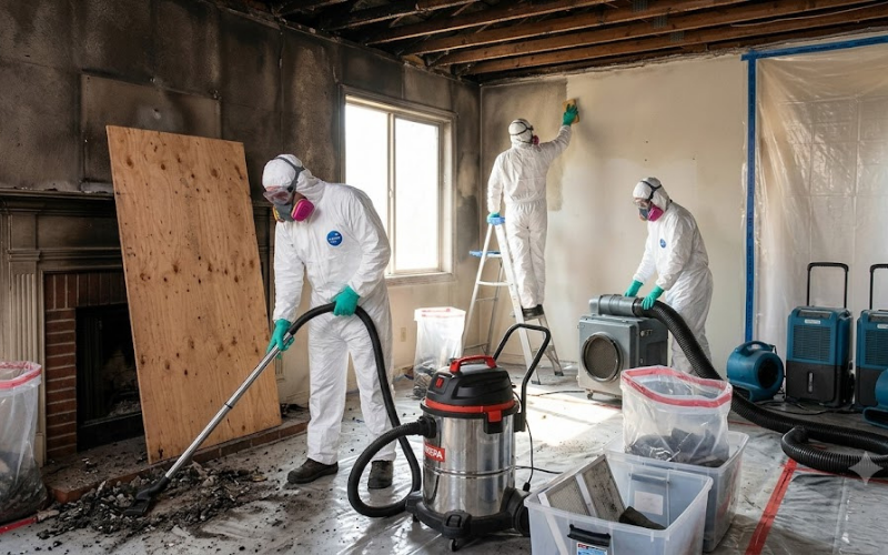 Three people in protective suits clean a fire-damaged room with debris, vacuum, and air scrubbers; walls and ceiling show heavy smoke damage, highlighting the importance of professional fire damage restoration services.