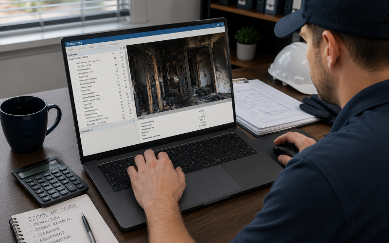 A person reviews a photo of a fire-damaged building on a laptop at a desk with construction documents, calculator, and a notepad labeled "Scope of Work," carefully considering the next steps for Restoration Services.