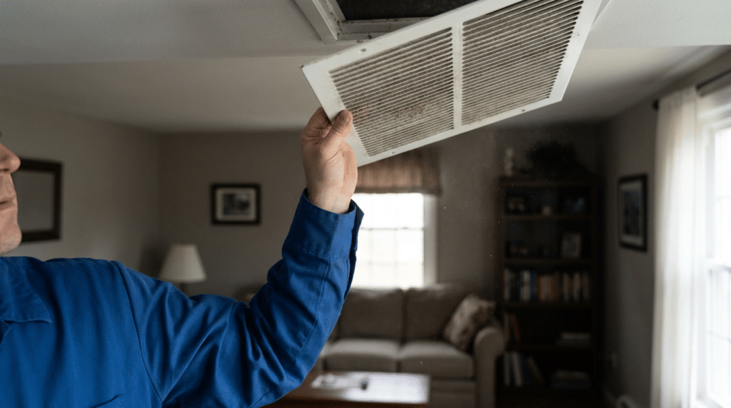 Person in blue shirt removing a vent cover from a ceiling air duct in a living room, with dust visible in the light.